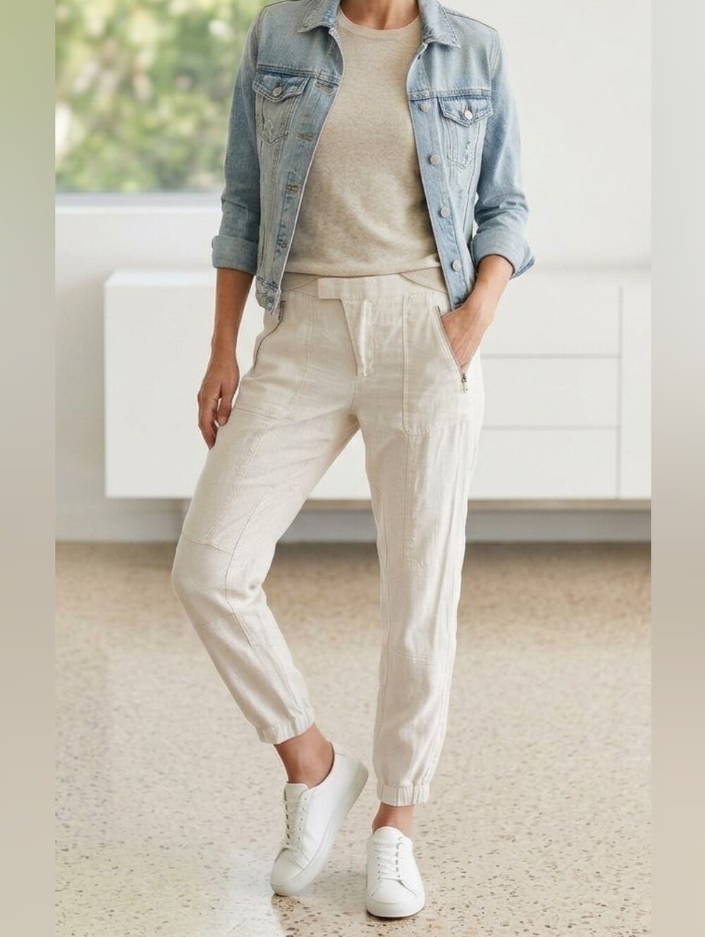 Vince Pants Beige Linen Patchwork Cargo Cuffed Ankle Casual Trousers Women’s 10